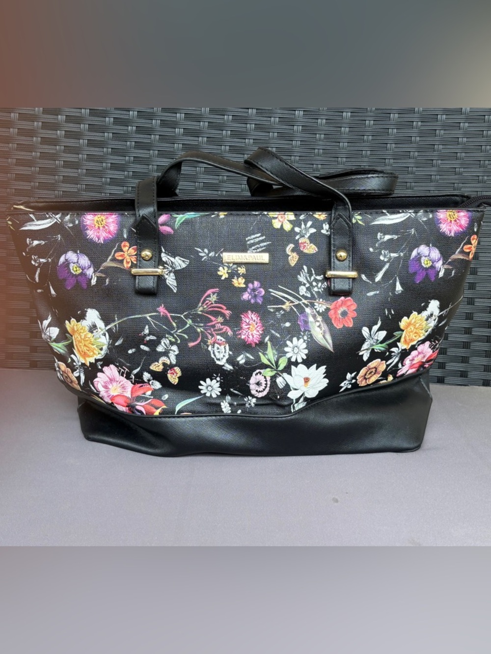 Floral-Print Black Tote Bag with Trim